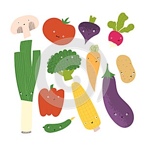 Cute vegetables with funny faces. Hand drawn flat healthy food with different emotions.