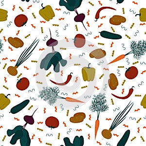 Cute vegetables seamless pattern. Background of food ingredients with onion beetroot cucumber tomato potato, carrot and