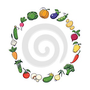 Cute vegetables set in cartoon style. Outline Vegetables collection. Decorative round frame. Vector outline illustration