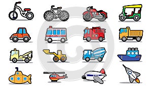 Cute vehicle types in sticker style on square graphic