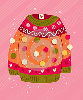 Cute vibrant hand drawn sweater with winter decoration and pom-poms. Colorful holiday vector illustration