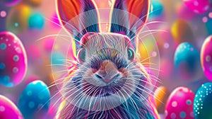 Cute vibrant holographic rabbit with colorful neon easter eggs on a vivid glowing background. Fancy neon style. Generated AI