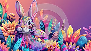 Cute vibrant holographic rabbit with colorful vivid easter eggs and little spring flowers on a vivid gradient purple background.