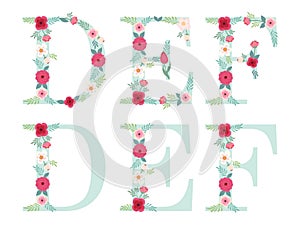 Cute vintage alphabet letters with hand drawn rustic flowers