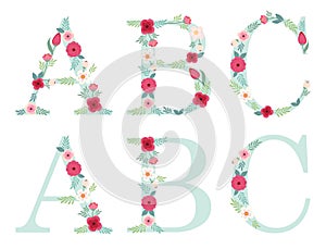 Cute vintage alphabet letters with hand drawn rustic flowers