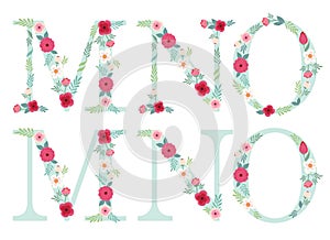 Cute vintage alphabet letters with hand drawn rustic flowers