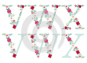 Cute vintage alphabet letters with hand drawn rustic flowers