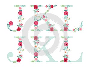 Cute vintage alphabet letters with hand drawn rustic flowers