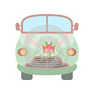 Cute Vintage Car Decorated with Flowers and Ribbons, Romantic Wedding Retro Van, Front View Vector Illustration