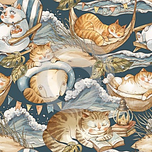 Cute vintage cats on vacation seamless pattern, watercolor whimsical texture