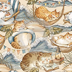 Cute vintage cats on vacation seamless pattern, watercolor whimsical texture