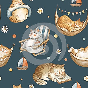 Cute vintage cats on vacation seamless pattern, watercolor whimsical texture