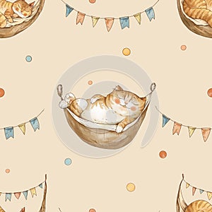 Cute vintage cats on vacation seamless pattern, watercolor whimsical texture