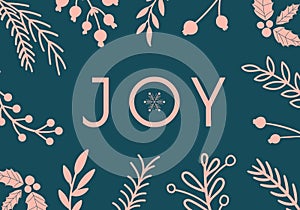 Cute vintage Christmas New Year card banner with botanical frame JOY. Retro style holiday stationery gift card template