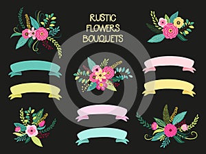 Cute vintage elements as rustic hand drawn first spring flowers bouquets