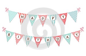 Cute vintage festive fabric pennant banner as bunting flags with letters Happy Birthday in shabby chic style