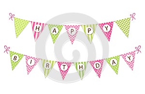 Cute vintage festive fabric pennant banner as bunting flags with letters Happy Birthday in shabby chic style