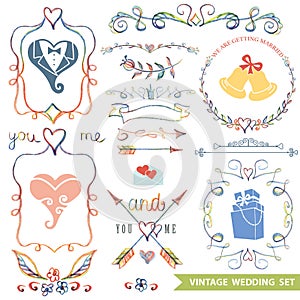 Cute vintage floral set.Wedding icons,doodle decor