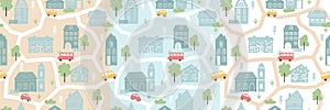 Cute vintage houses buildings in pastel colors, childish seamless hand drawing pattern