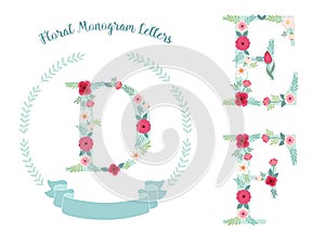 Cute vintage monogram alphabet letters with hand drawn rustic flowers