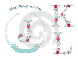 Cute vintage monogram alphabet letters with hand drawn rustic flowers