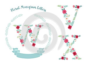 Cute vintage monogram alphabet letters with hand drawn rustic flowers