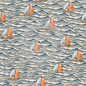 Cute vintage ocean waves cartoon ship seamless pattern, watercolor whimsical sea texture