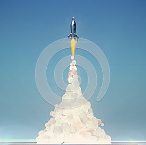 Cute vintage rocket launch with soft fluffy smoke on light blue background 3d render