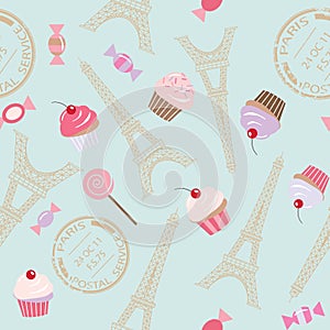 Cute vintage seamless pattern background with Eiffel tower and cupcakes.