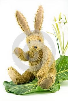 Cute vintage toy bunny rabbit waving hello.