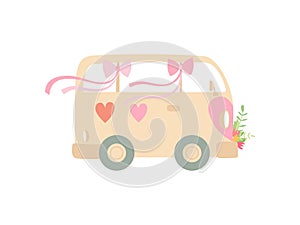 Cute Vintage Van Decorated with Flowers and Hearts, Romantic Wedding Retro Mini Bus, Side View Vector Illustration