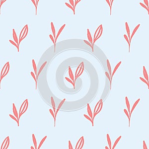 Cute vintage wallpaper surface pattern design with pink leaves over sky blue background