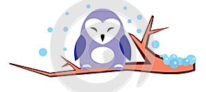 Cute violet owl on a branch in winter - illustration