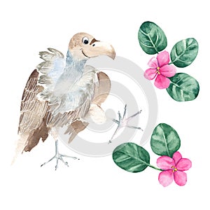 Cute vulture and violet flowers isolated on white background. Watercolor hand drawn illustration.