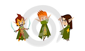 Cute Warlike Forest Elves Set, Fairytale Magic Characters in Green Clothes Cartoon Vector Illustration