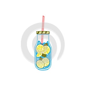Cute water bottle glass decanter. Hand drawn funny detox concept. Doodle eco vector illustration