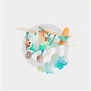 Cute watercolor airplane on white background. Cartoon style.