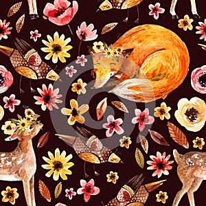 Cute watercolor animals on floral background.