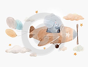 Cute watercolor artwork with baby elephant on the plane with air baloons, clouds and stars. Stock illustration.