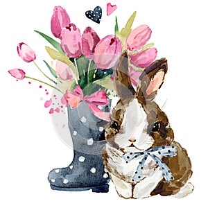 Cute watercolor baby bunny with flowers bouquet