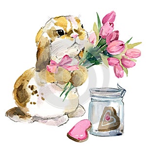 Cute watercolor baby bunny with flowers seamless pattern.