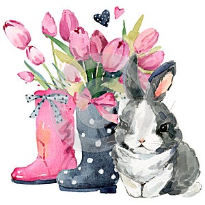 Cute watercolor baby bunny with flowers seamless pattern.