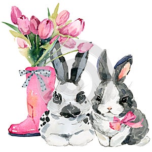 Cute watercolor baby bunny with flowers seamless pattern.