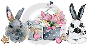 Cute watercolor baby bunny with flowers seamless pattern.