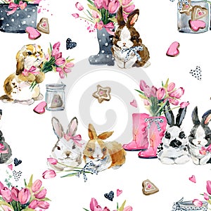 Cute watercolor baby bunny with flowers seamless pattern. Hand-drawn watercolor portrait of a rabbit bunny