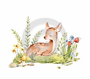 Cute Watercolor Baby Deer with the blue ribbon surrounded by wild flowers and mushrooms over white. Baby Deer sleeping