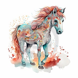 Cute watercolor baby horse. Illustration AI Generative