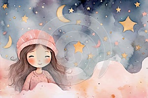 Cute watercolor baby little girl in the night moon star Illustration