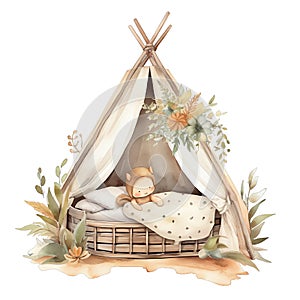 Cute watercolor baby tent crib illustration