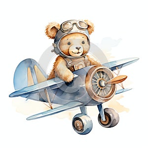 Cute watercolor bear flying on airplane illustration, teddy bears clipart